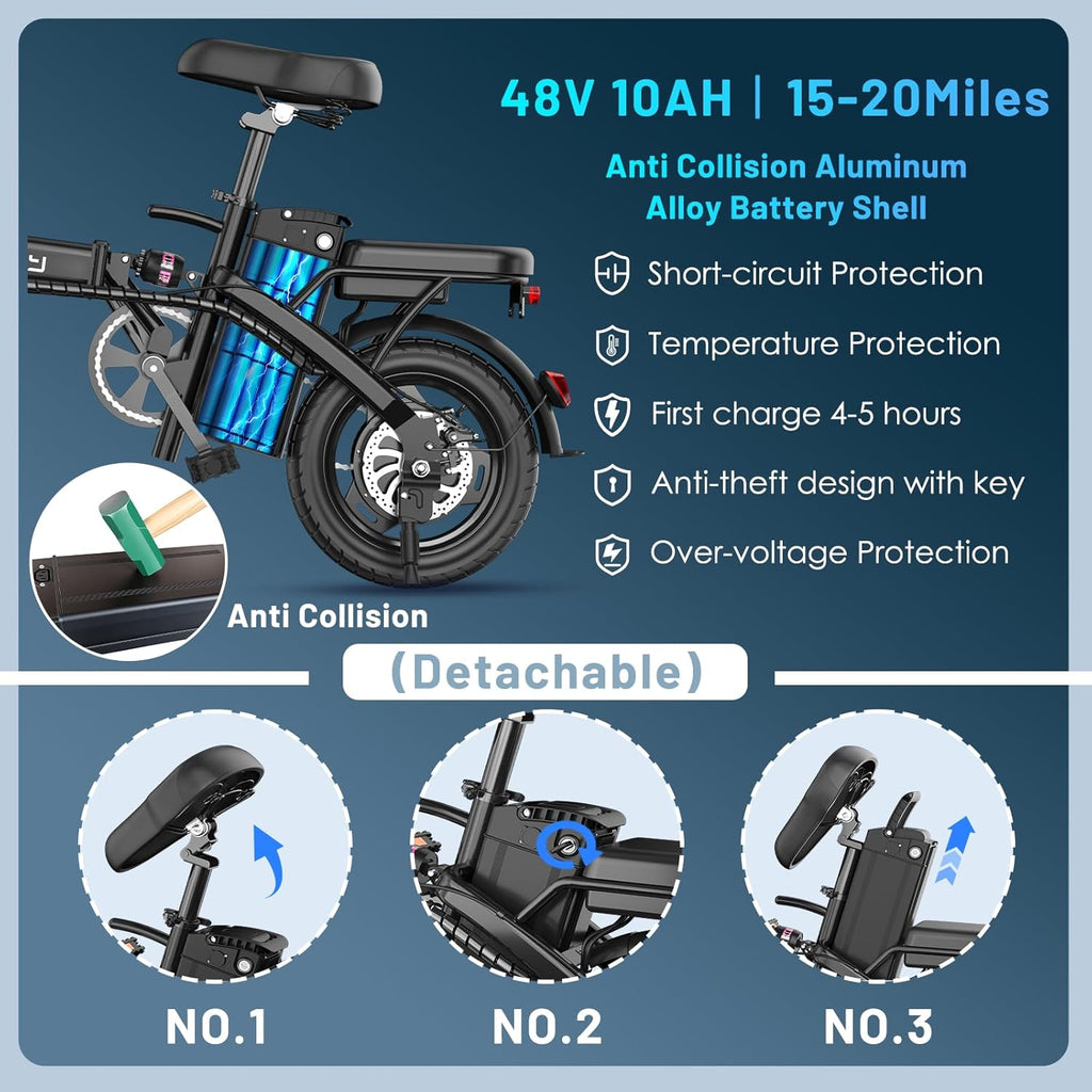 REOCRO Foldable Electric Bike - 700W Peak Motor, 48V Removable Battery, 14" Mini E-Bike for Commuting