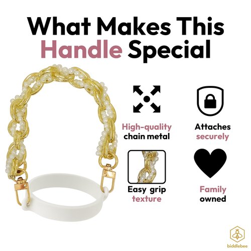 Biddlebee Tumbler Handle & Strap with Gold Chain and Pearls – Designer-Inspired Cup Holder for Stanley, Owala, Hydroflask – Carrying Strap for Water Bottles, Mugs, Strollers, Bags – Posh Pearl