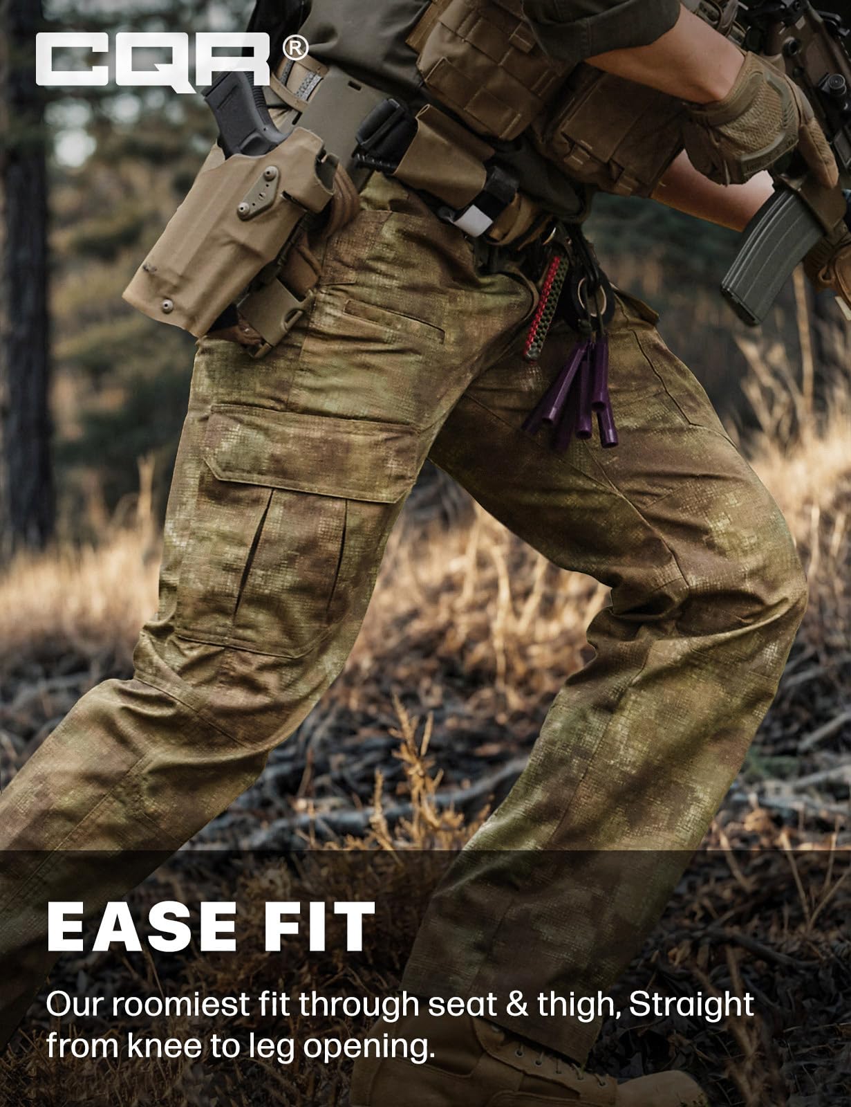 CQR Men's Tactical Pants, Water Resistant Ripstop Cargo Pants, Lightweight EDC Work Hiking Pants, Outdoor Apparel, Duratex Mag Pocket Print Fractal Camo, 34W x 32L