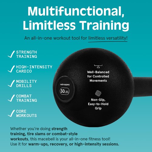 Retrospec Steel Macebell 5 to 30lbs for Men & Women Steel Mace Strength Training & Full Body Workouts, Matte Black
