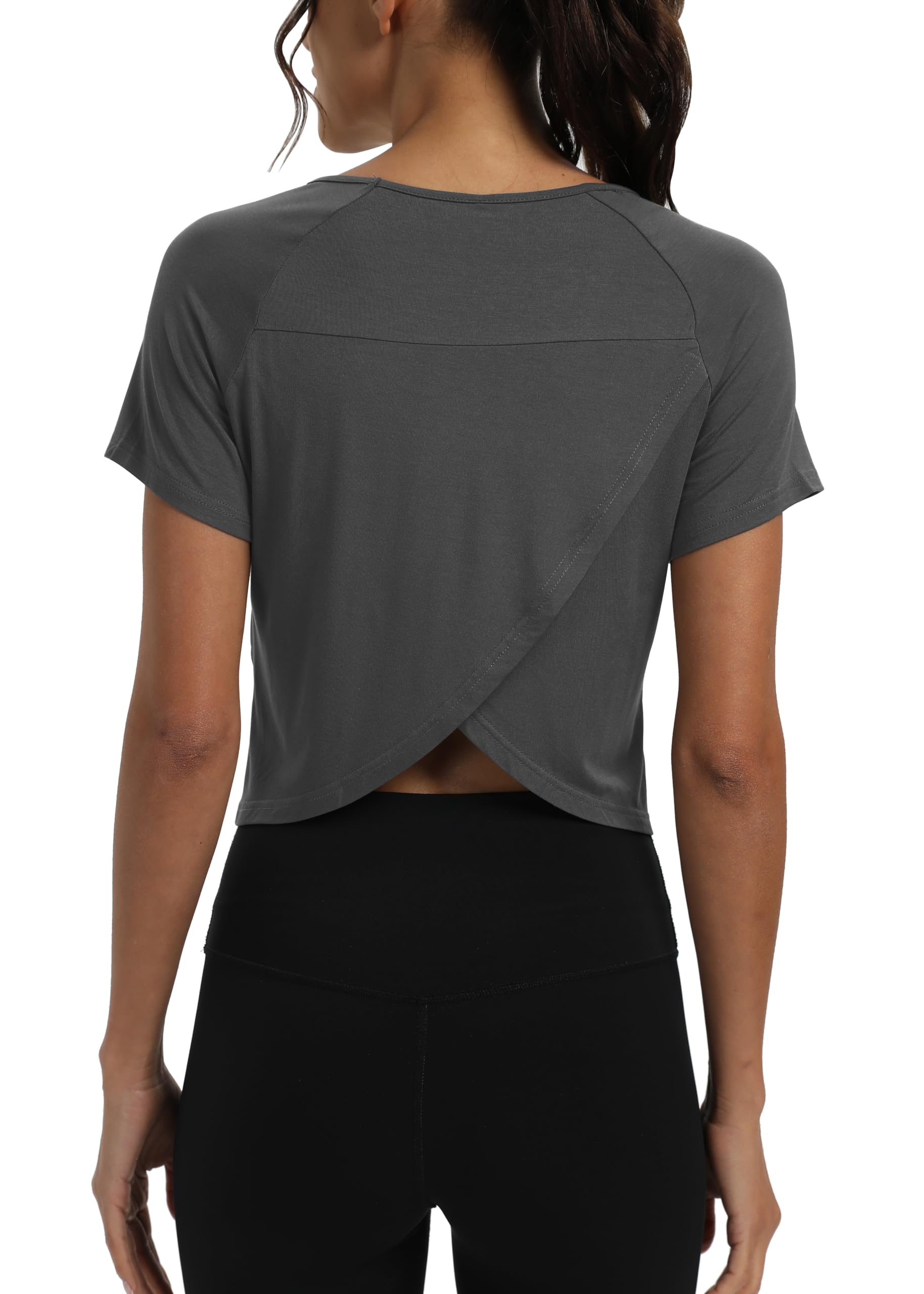 Mippo Short Sleeve Athletic Tops Workout Shirts Exercise Clothes Gym Crop Top Tshirts for Women Loose Fit Dark Gray M