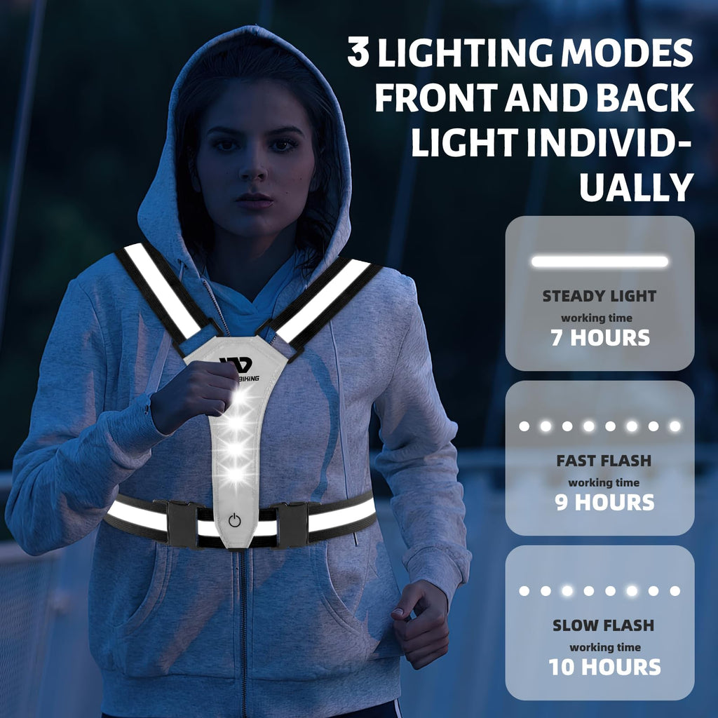 West Biking Running Vest Light - Led Running Reflective Gear For Walking At Night, High Visibility Night Rechargeable Light Up Running Vest, Adjustable Running Lights For Runners (Black)