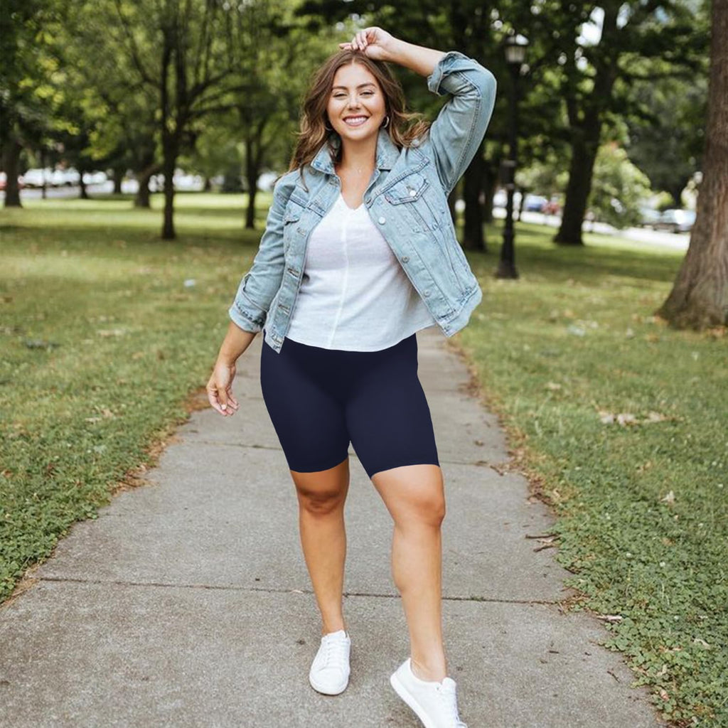 we fleece Plus Size Biker Shorts with Pockets for Women - High Waisted Spandex Athletic Bike Shorts for Yoga Workout Navy