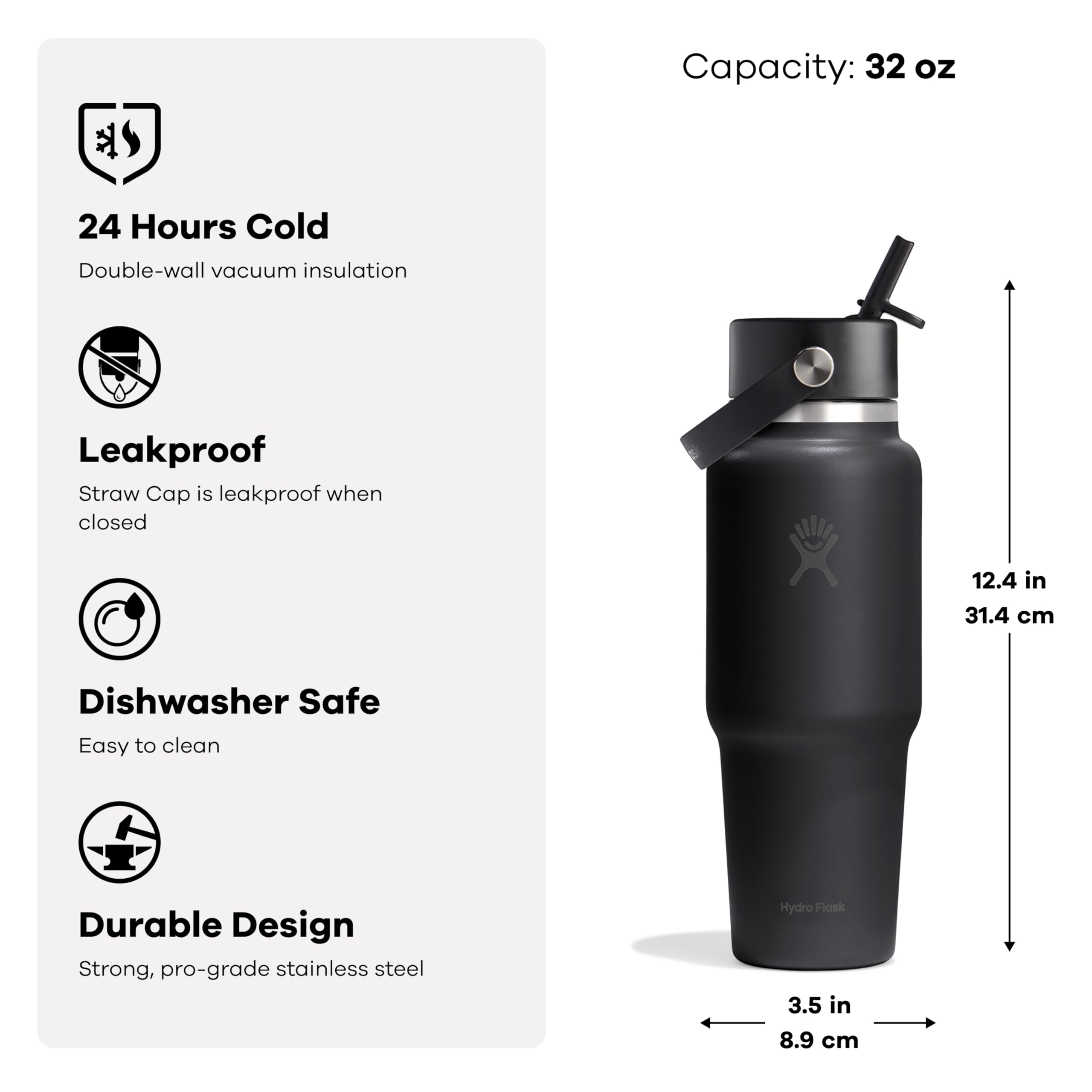 Hydro Flask Travel Water Bottle - Insulated Stainless Steel - Wide Straw Lid, Non Spill, Leakproof in 32 Oz Harbor Blue