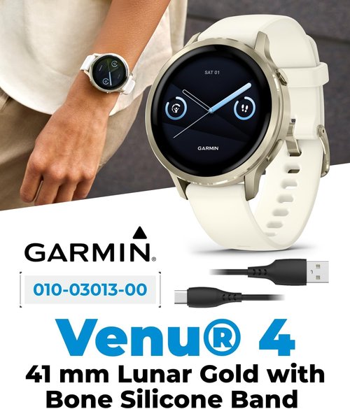 Garmin Venu 4 GPS Smartwatch - 41mm AMOLED Display, Built-In Flashlight, Lunar Gold & Bone Silicone Band | Wearable4U White Earbuds Bundle