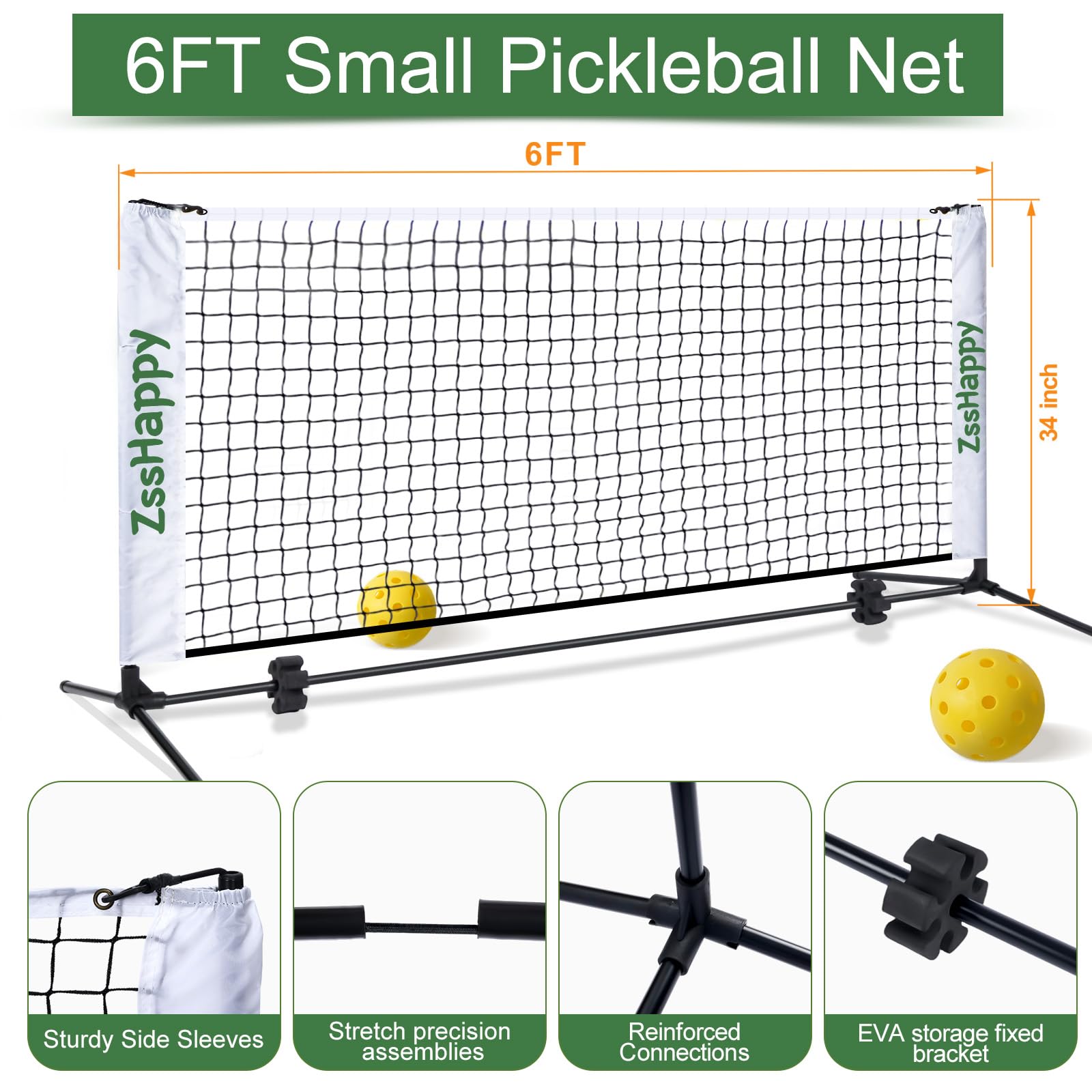 ZSSHAPPY 6FT White Mini Pickleball Net, Portable Quick Setup Practice Net for Indoor Outdoor Driveway Dink Shots