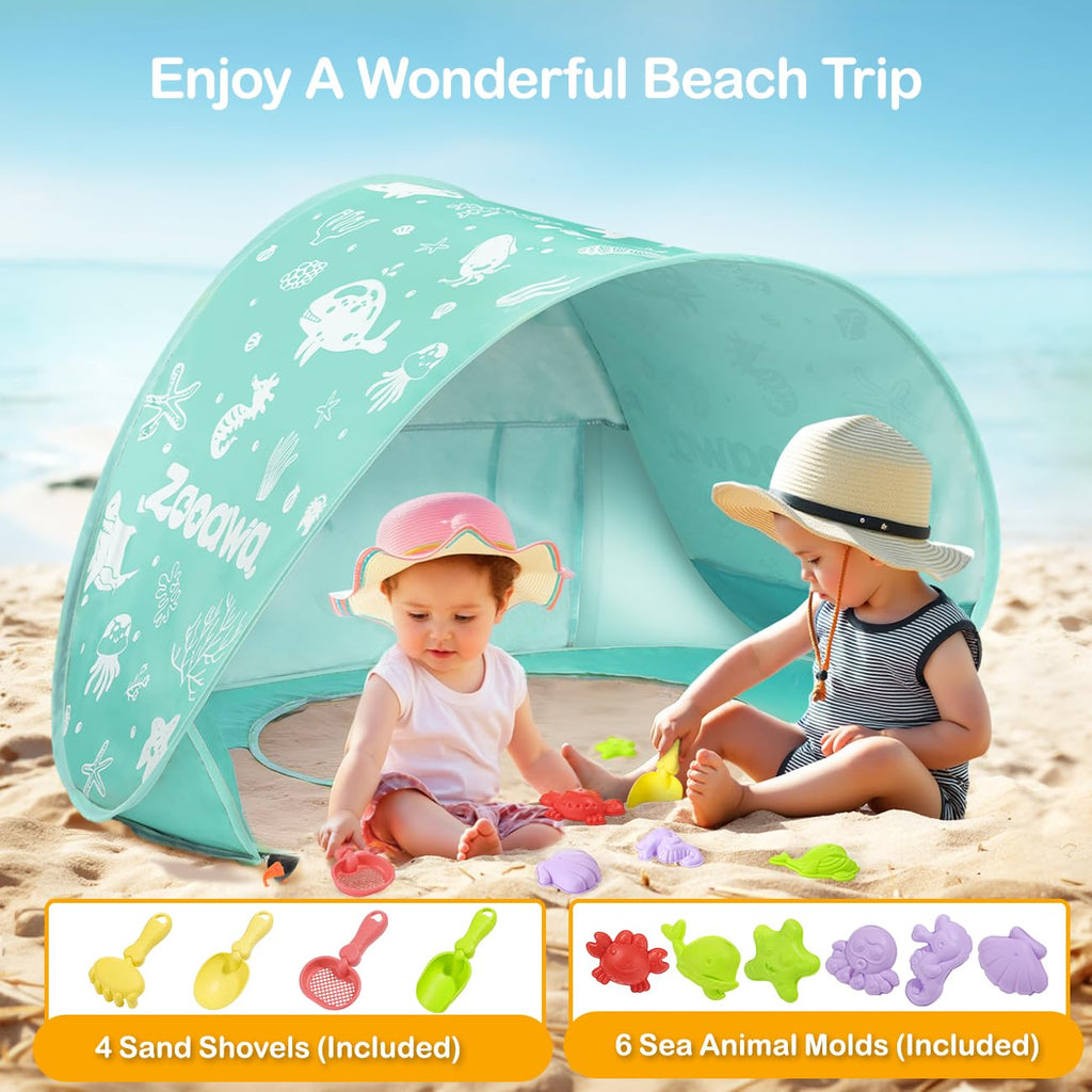 Zooawa Baby Beach Tent, Pop Up Beach Tent Sun Shade for Beach, Portable Shade Pool UV Protection Sun Shelter for Infant with Beach Sand Toys Set, Yellow