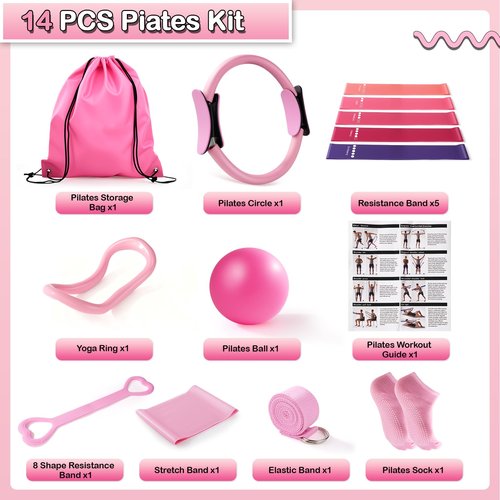 Kaelaris Pilates Kit 14PCS for Women,Home Workout Essentials Kit with Pilates Circle,9 Inch Yoga Ball, Figure 8 Resistance Band, Pilates Sock & Accessories for Beginners, Core Strength,Pink