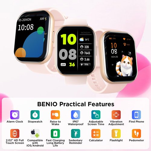 BENIO Smart Watch (Answer/Make Call), Voice Calls, 2.02" Fitness Tracker with 24/7 Heart Rate, SpO2, Sleep Tracker, 100 Sports Modes Activity Trackers, IP67 Waterproof Step Calorie Counter (Rose Gold)