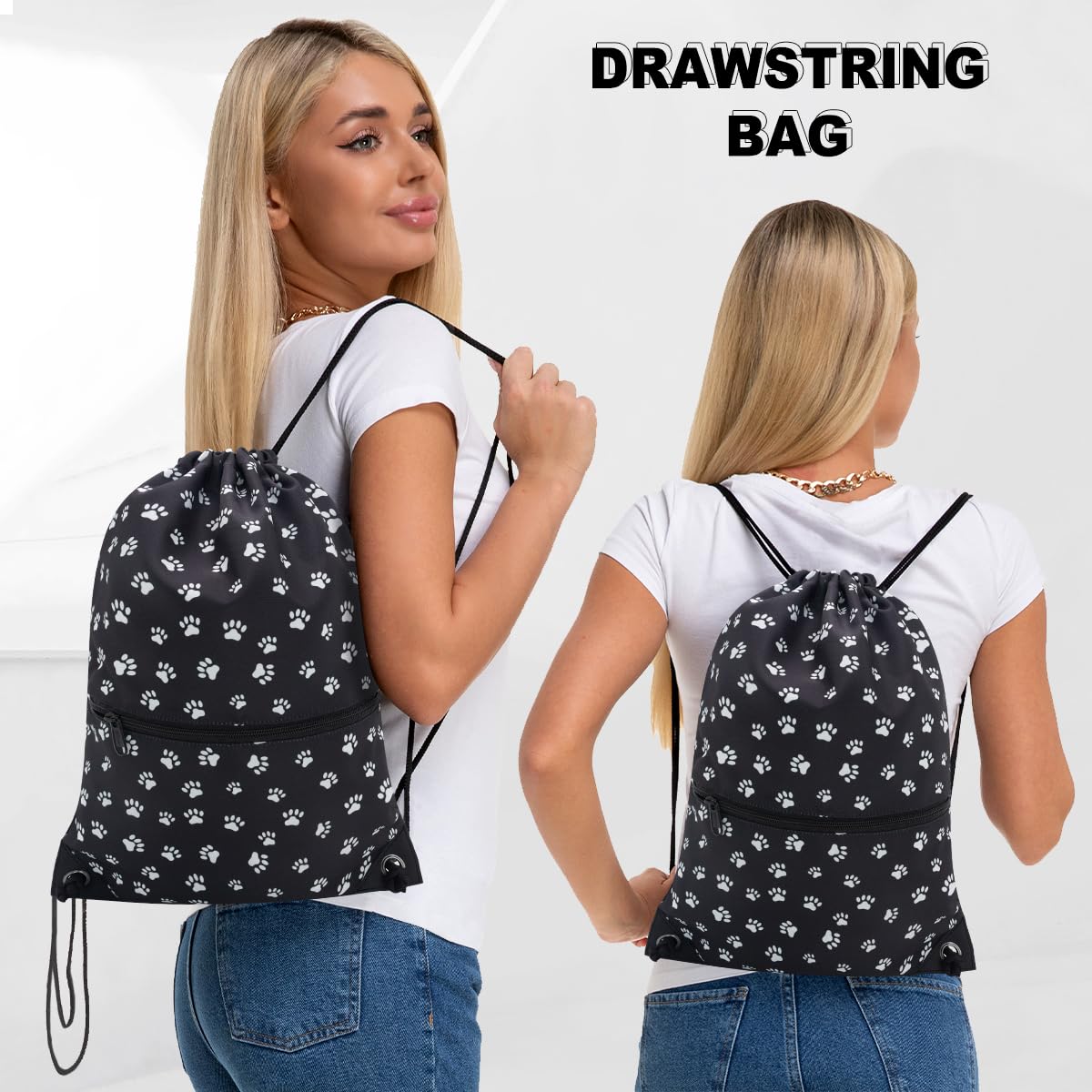 HOLYLUCK Drawstring Backpack Bag Sport Gym Sackpack (Black background white Dog Paw Prin)