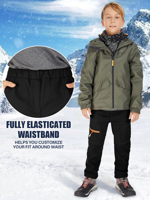 linlon Kids Boy's Snow Waterproof Pants Youth Fleece Lind Hiking Softshell Warm Insulated Ski Trousers,9056-Black-XXL(11-13Years)