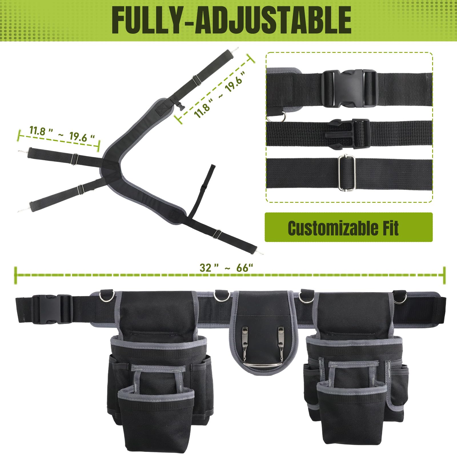Tool Belt, Tool Belts for Men, 32 to 66 Inches Adjustable Waist, Electrician and Carpenter Tool Belt with Suspenders for Construction and Gardening, Black and Grey