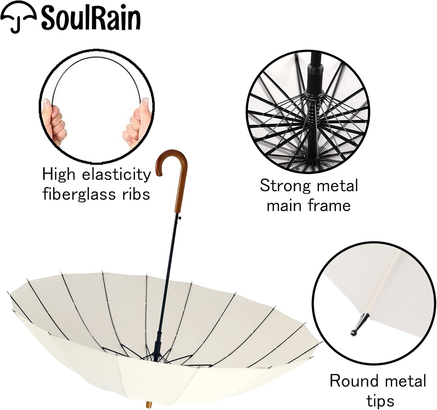 SoulRain 48" Windproof Stick Umbrella - Auto Open, Classic Wood Handle, Solid Color Design