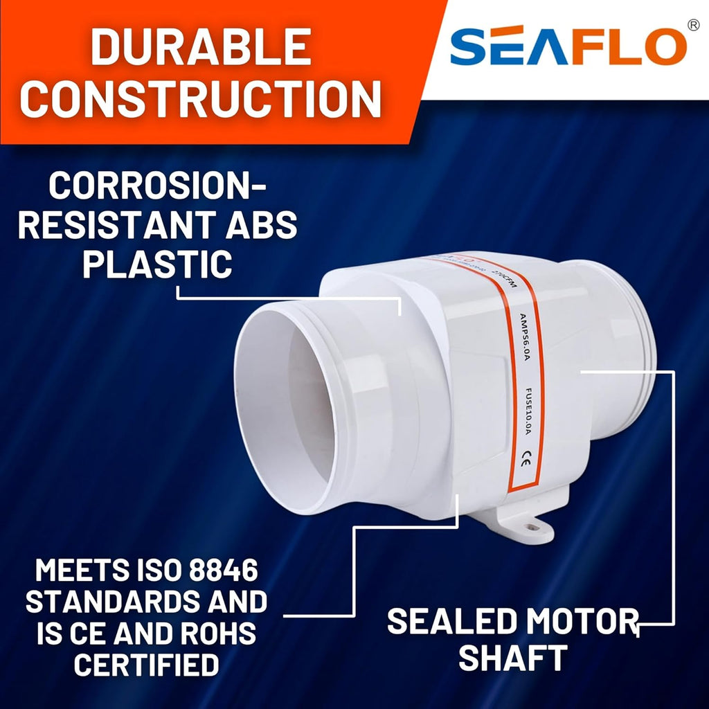 SEAFLO Marine Bilge Air Blowers - Ultra-Quiet 12V Operation | 130-270 CFM for Yacht/Sailboat/Boat - 4-Year Warranty