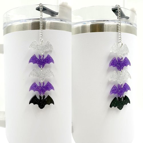 Purple Tumbler Ornament – Glitter Bat Cup Chain for Stanley 30oz 40oz, Gothic Straw Decoration, Cute Water Bottle Accessories for Iced Coffee Cups