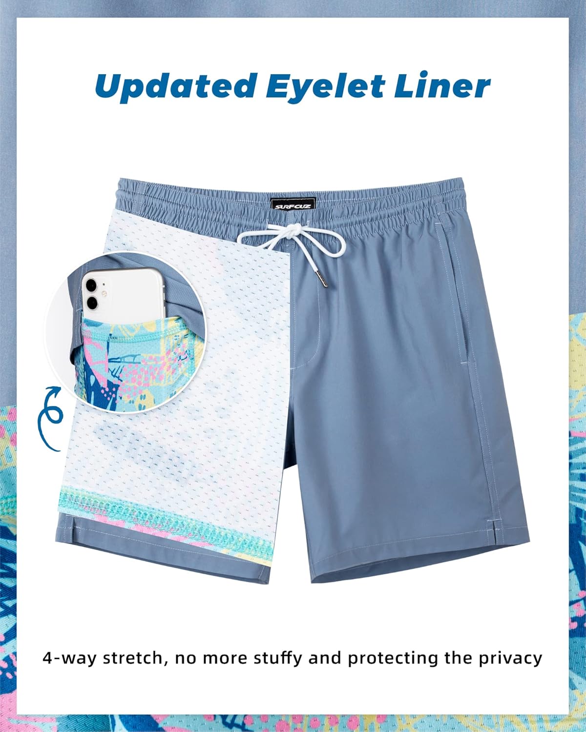 Surf Cuz Men's Swim Trunks - Quick Dry Compression Liner with Zipper Pockets | Haze Blue, Medium