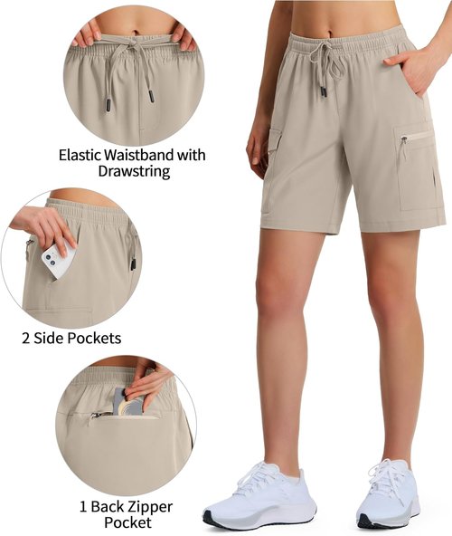 Ksmien Women's Hiking Cargo Shorts - Lightweight Quick-Dry Summer Shorts with Zipper Pockets | 7" Length