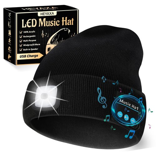 HEYAXA Bluetooth Beanie Hat, USB Rechargeable 4 LED Wireless Music Running Headlamp Cap, Gifts for Christmas, Stocking Stuffer & White Elephant Gifts for Men, Women, Him, Her