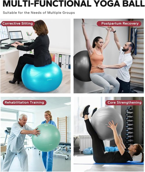 HAPBEAR Exercise Ball - Anti-Burst Yoga & Pilates Ball for Core Training | 22''/26''/30'' Sizes, Includes Quick Pump & 3 Resistance Bands
