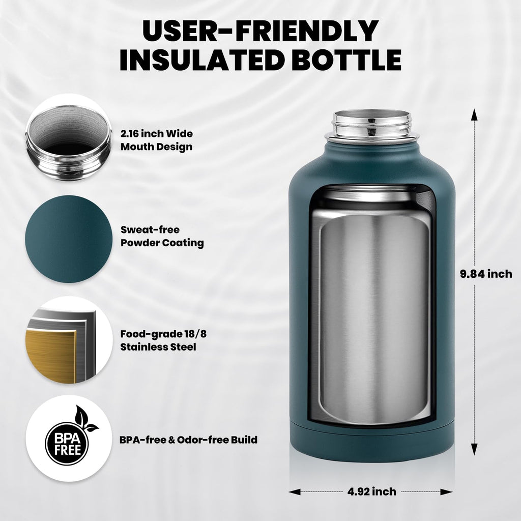 RAYMYLO Insulated Water Bottle 64 oz, Triple Wall Vacuum Stainless Steel (Cold for 48 Hrs), Leak Proof & Non-BPA, Half Gallon Water Flask Jug with Paracord Handle & Straw Spout Lids, Dark Green