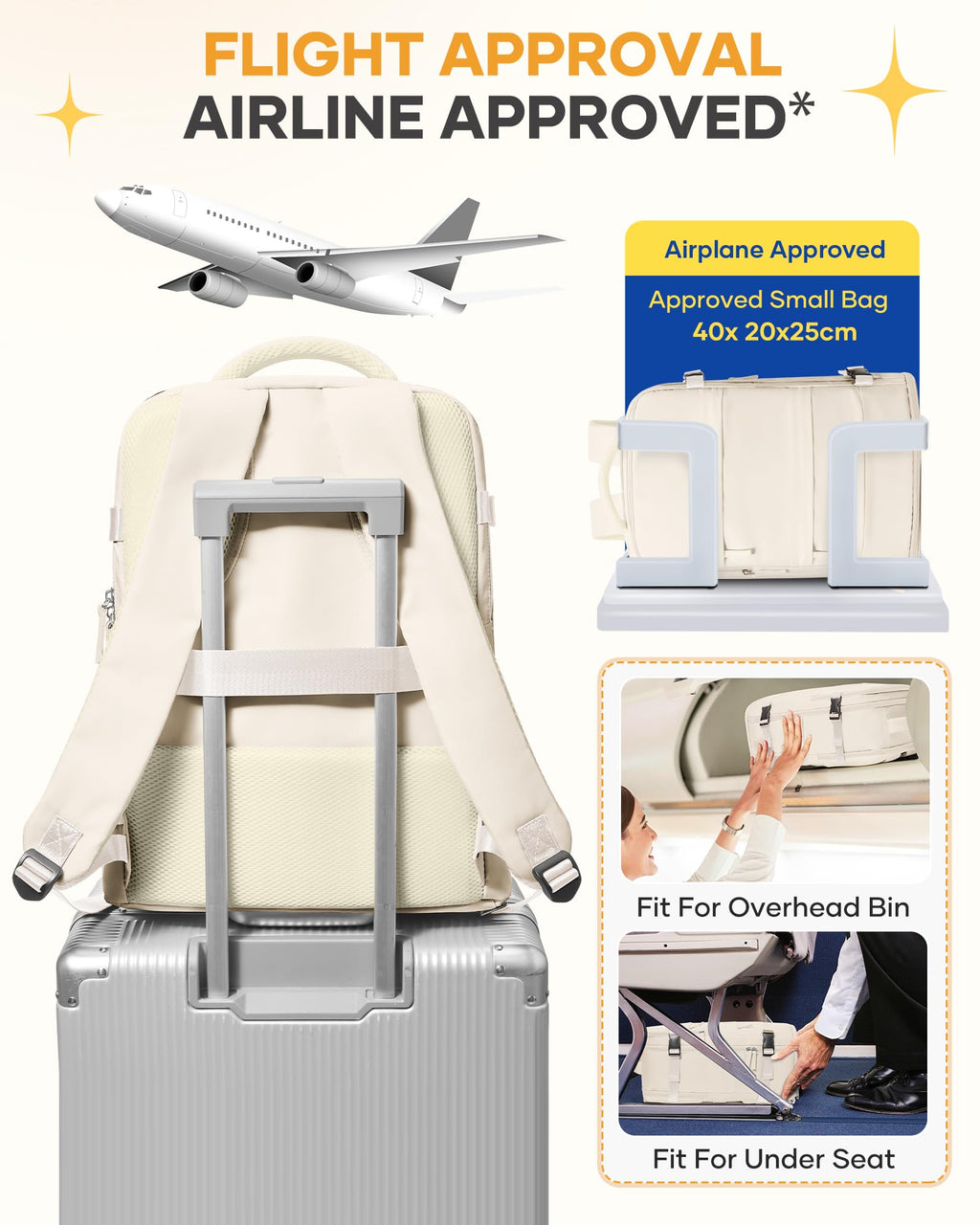 coofay Beige Travel Backpack For Women Men Airline Approved Personal Item Carry On Flight Approved Waterproof Backpack For Traveling On Airplane Weekender Travel Bag