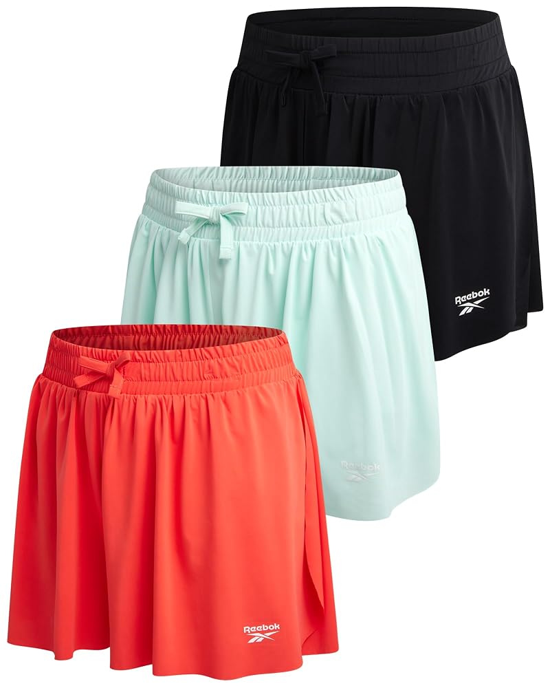 Reebok Girls Butterfly Shorts 3-Pack with Liner - Flowy Elastic Waist, Variation Hot Coral/Black/Aqua