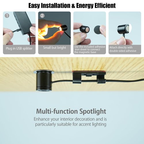 Mini LED Spotlights with USB Hub,Magnetic Base,USB Powered Small Spotlight Display Lights,Accent Lighting for Artwork,Paintings,Jewelry,Display Cases,handicrafts,Models,Toys,Puzzles(Warm White)