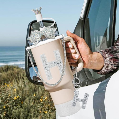 8Pcs Silvery Stanley Cup Accessories Set for Stanley Cup 30&40 Oz Tumbler - Silicone Straw Cover Cap and Boot, Handle Letter Charm, Bow Decoration Initial Sticker, Diamond Water Bottle Handle Strap(H)