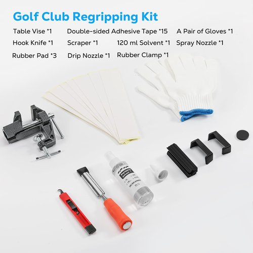 MoKo Golf Grip Kit for Regripping Clubs, Portable Golf Regripping Kit, Includes Hook Blade, Tapes, Rubber Clamp, Bench Vise, Tape Remover, Gloves, Solvent and Nozzles, Easy to Use