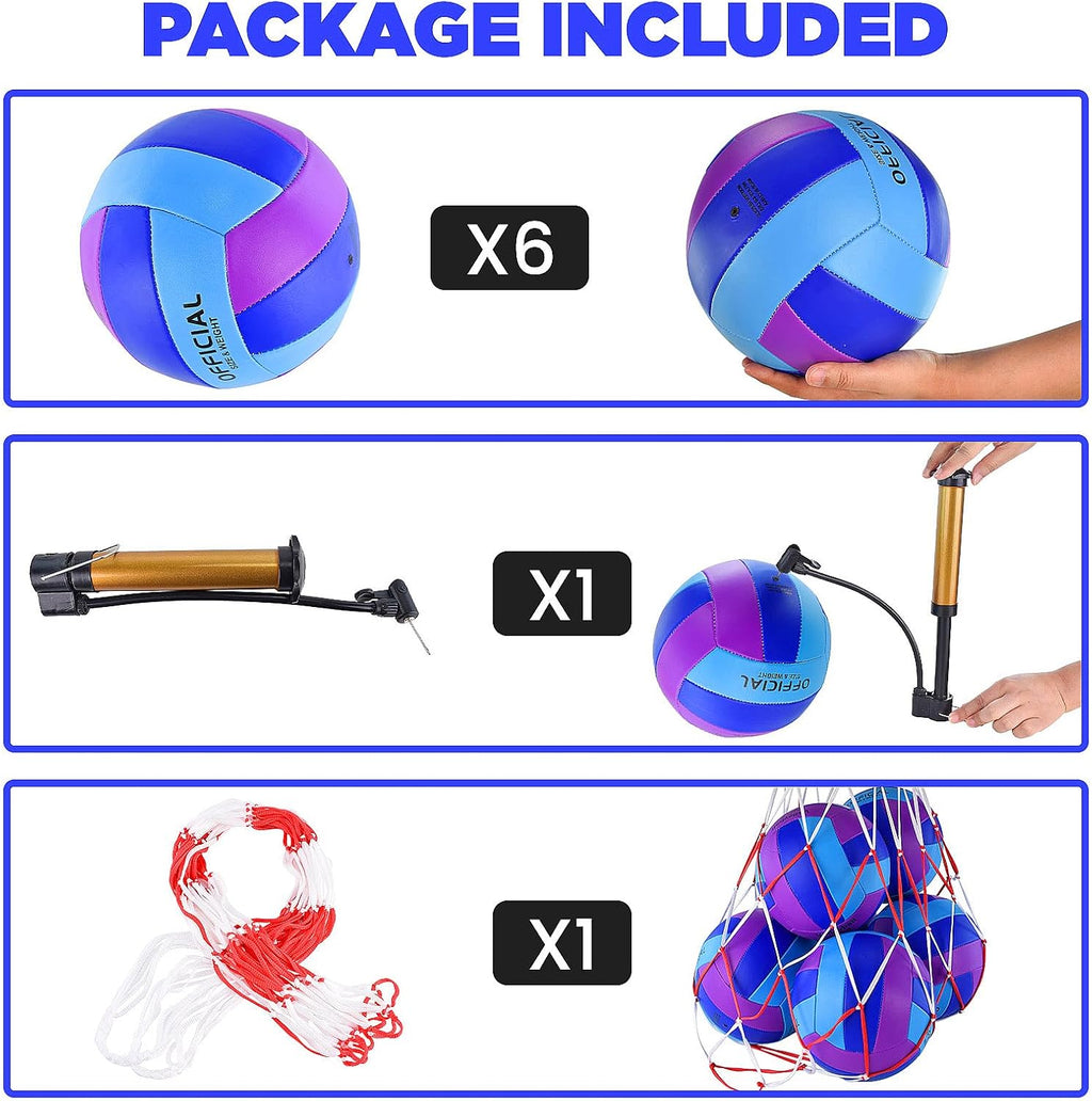 Skiennix Volleyballs - Official Size 5 Soft Recreational Balls with Pump & Net Bag | 6 Pack, Purple & Blue
