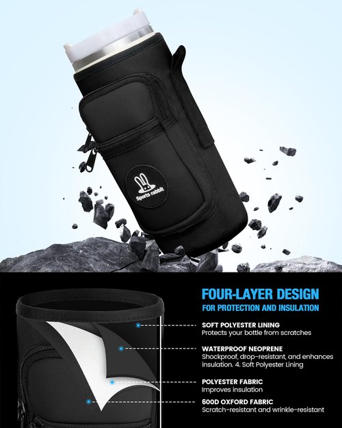 Sports rabbit Water Bottle Holder with Strap – Universal Fit for 40oz Bottles – Compatible with Stanley, Owala, Hydro Flask – Large Pocket, Adjustable Crossbody Strap for Gym, Office, Outdoor (Black)