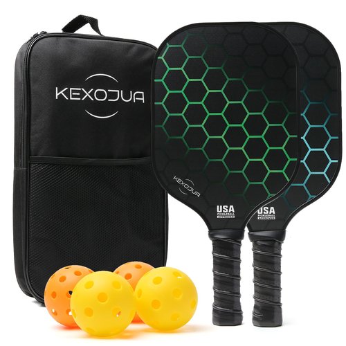 KEXOJUA Pickleball Paddles Set of 2, USAPA Approved Fiberglass Surface Pickleball Set with 2 Pickleball Rackets, 4 Pickleball Balls, 1 Portable Carry Bag, Pickle Racket Set for Men Women Blue Green
