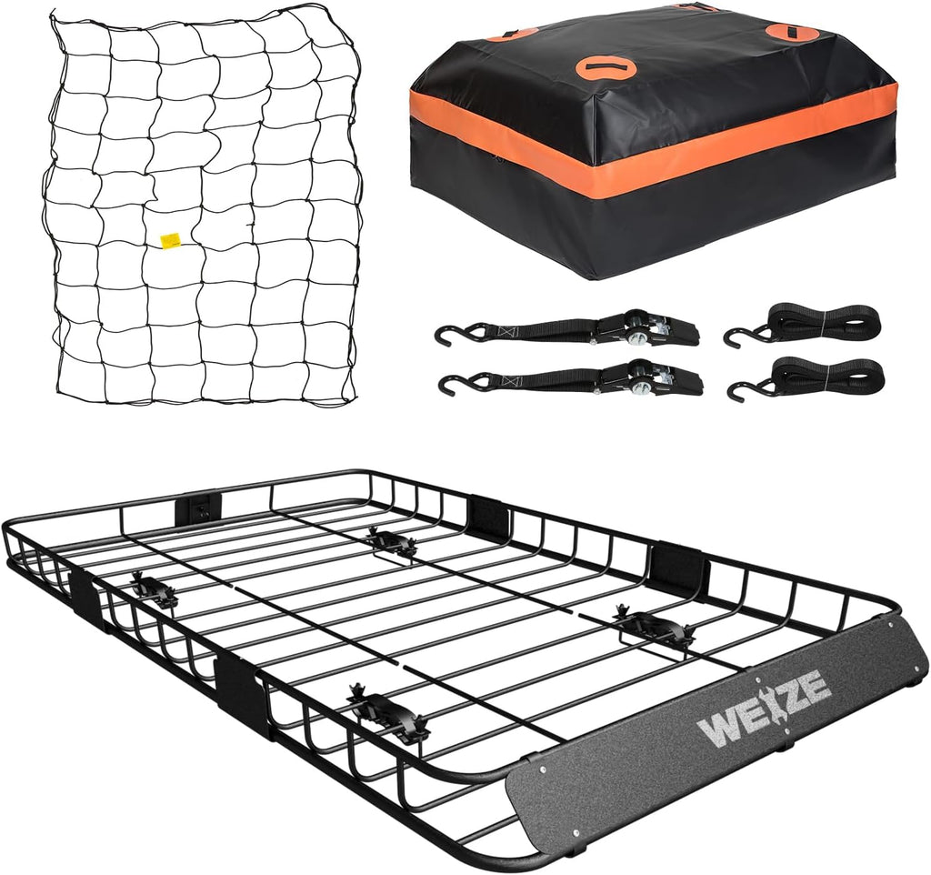 WEIZE Heavy Duty Roof Rack Basket - 54" x 34" Cargo Carrier with Waterproof Bag & Straps for SUV/Truck