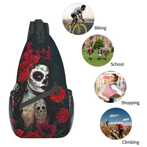 KMIVQGE Sugar Skull Rose Crossbody Backpack for Travel Hiking Chest Daypack Shoulder Sling Bag for Men Women Cycling Walking