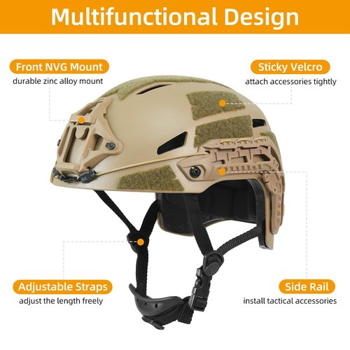 Booiu Airsoft PJ Type Tactical Paintball Fast Military Helmet with Front NVG Mount and Side Rail Breathable Vent Holes for Cosplay Outdoor Activities