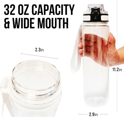 Clear Plastic Water Bottle - 32oz Leak Proof Chug Lid | Reusable Flip Top for Gym, Office, School