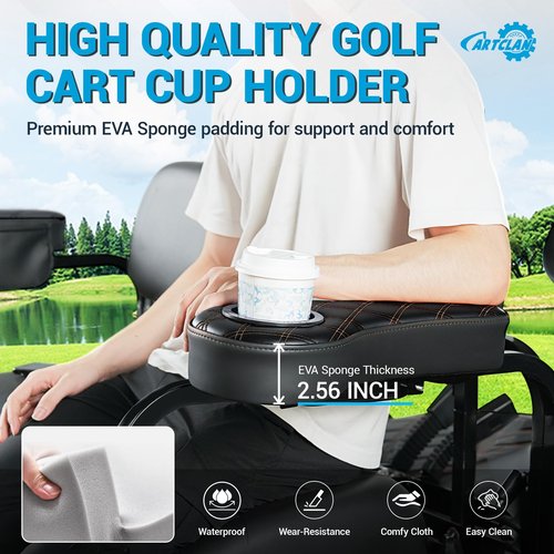 CartClan Univeisal Golf Cart Armrest with Cup Holder, No Drilling Golf Cart Armrest Suitable for Club Car EZGO Yamaha Golf Carts, Only Fits 1 in Square Tube-Black