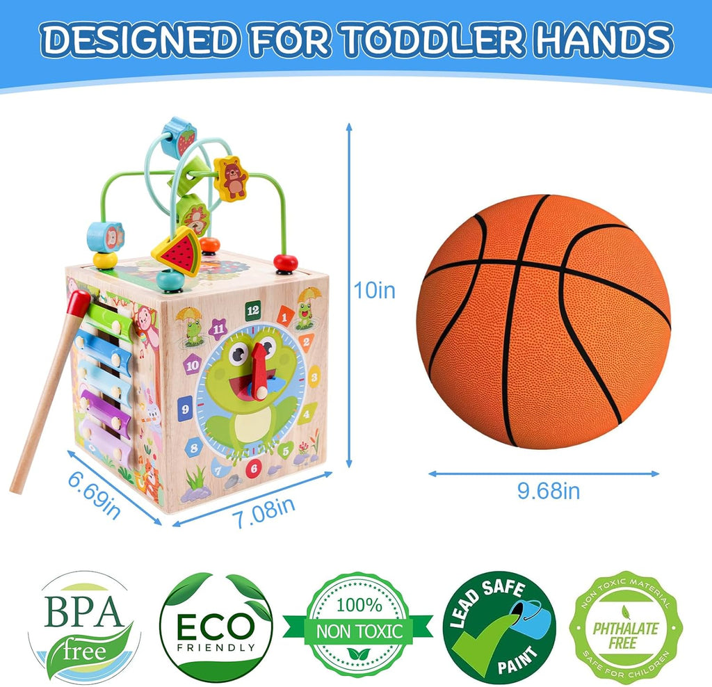 Wooden Activity Cube - Montessori Educational Toy for Toddlers 1-3 Years | Perfect 1st Birthday Gift | Includes Bonus Sorting & Stacking Game (Pink)