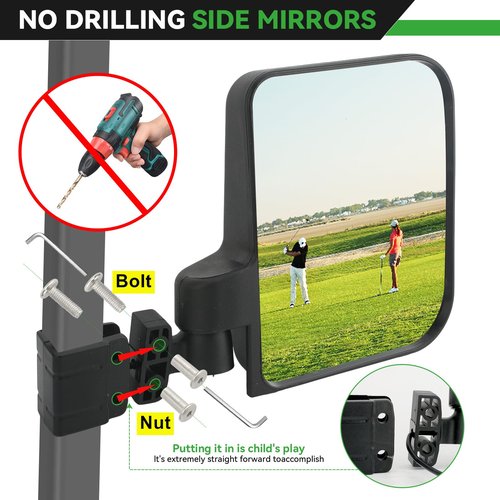 Omgro Golf Cart Side View Mirrors, Golf Cart Mirrors with Turn Signal Light, No Drilling Foldable Golf Cart Side Mirrors Compatible with Ezgo Yamaha ICON Club Car (3 Size Clips)