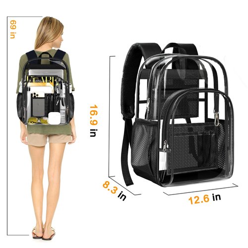 PAMANO Clear Backpack, Heavy Duty Transparent Backpack with Reinforced Bottom See Through for College, Travel, Workplace Security, Black