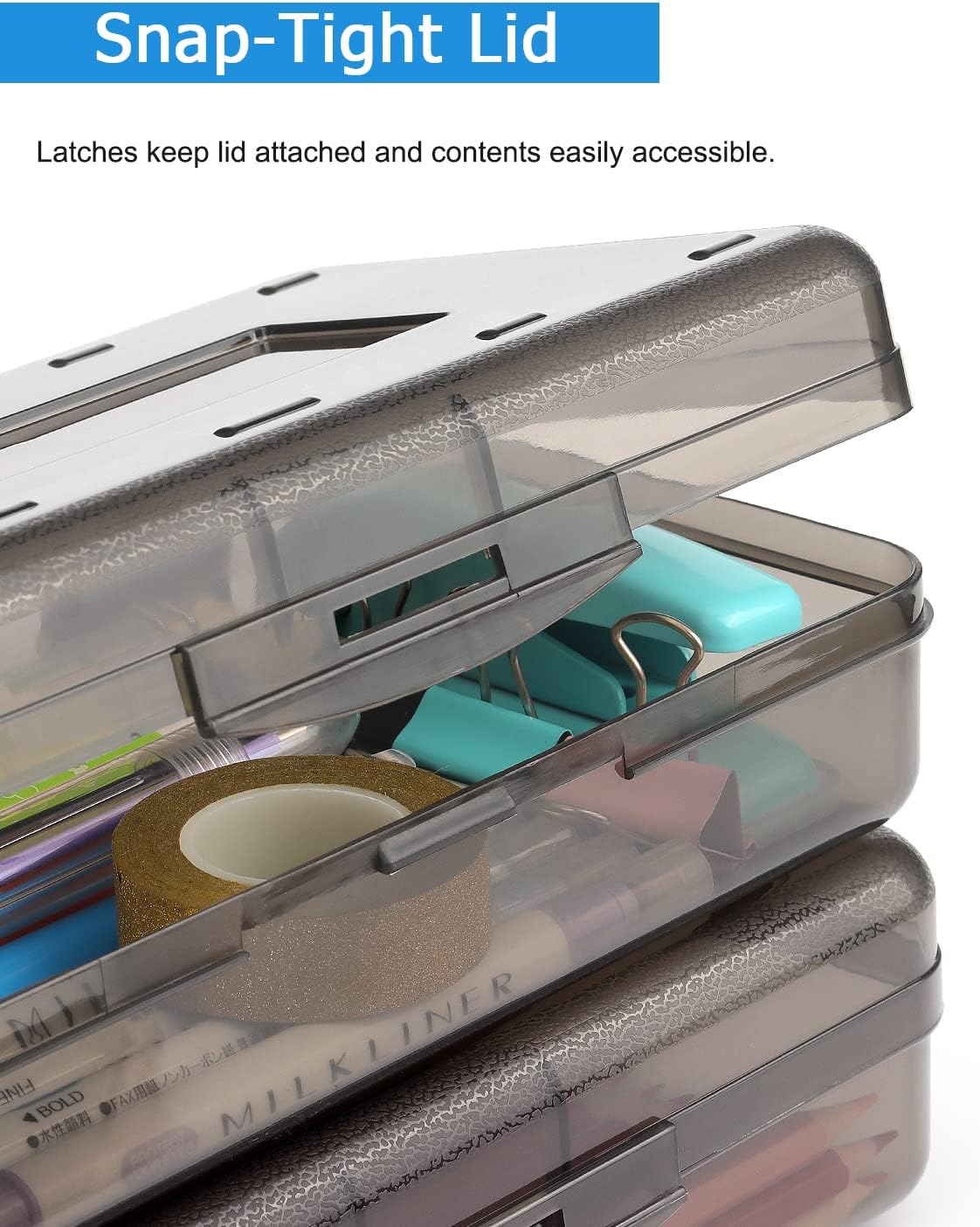 Tamaki Large Capacity Plastic Pencil Box - Clear Snap-Tight Lid & Stackable Design | Stylish Office Organizer, Black