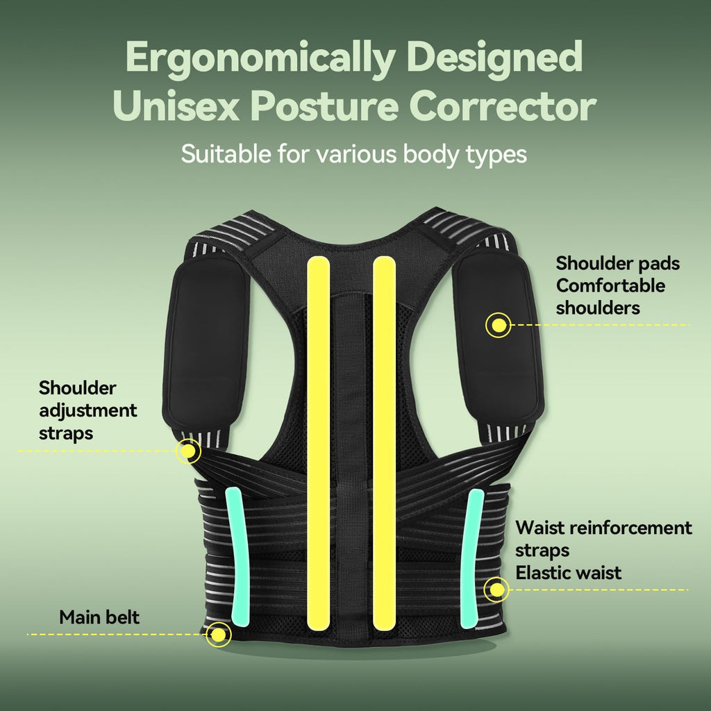 Skiennix Back Brace - Adjustable Posture Corrector for Pain Relief | Breathable 4-Point Support System, Medium