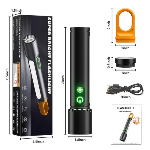 ADDplus Magnetic Flashlight Rechargeable,5000mAh Flashlights High Lumens with 9 Modes,Waterproof, Adjustable,Powerful Flash Light,Emergency Multi-Flashlights for Home,Car,Hiking,Camping (1, Black)