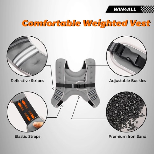 WIN4ALL Weighted Vest Men Women, 6lb/8lb/12lb/16lb/20lb Weighted Vest, Adjustable Women Weight Vest for Walking, Strength Training, Running, Fitness, Muscle Building, 8Lbs, Grey