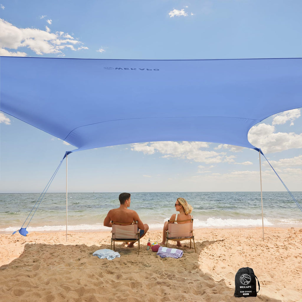 WEKAPO Beach Tent Sun Shelter - Easy Setup Beach Canopy with 4 Sturdy Poles, Large Sandbags and Shovel, 6'7'' Tall, Windproof Sun Shade for Backyard and Camping, UPF 50+ Protection