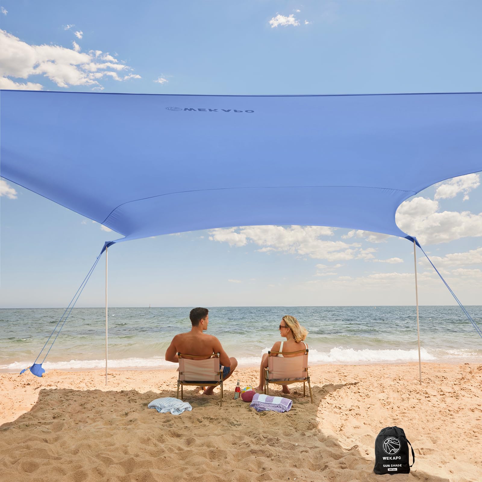 WEKAPO Beach Tent Sun Shelter - Easy Setup Beach Canopy with 4 Sturdy Poles, Large Sandbags and Shovel, 6'7'' Tall, Windproof Sun Shade for Backyard and Camping, UPF 50+ Protection