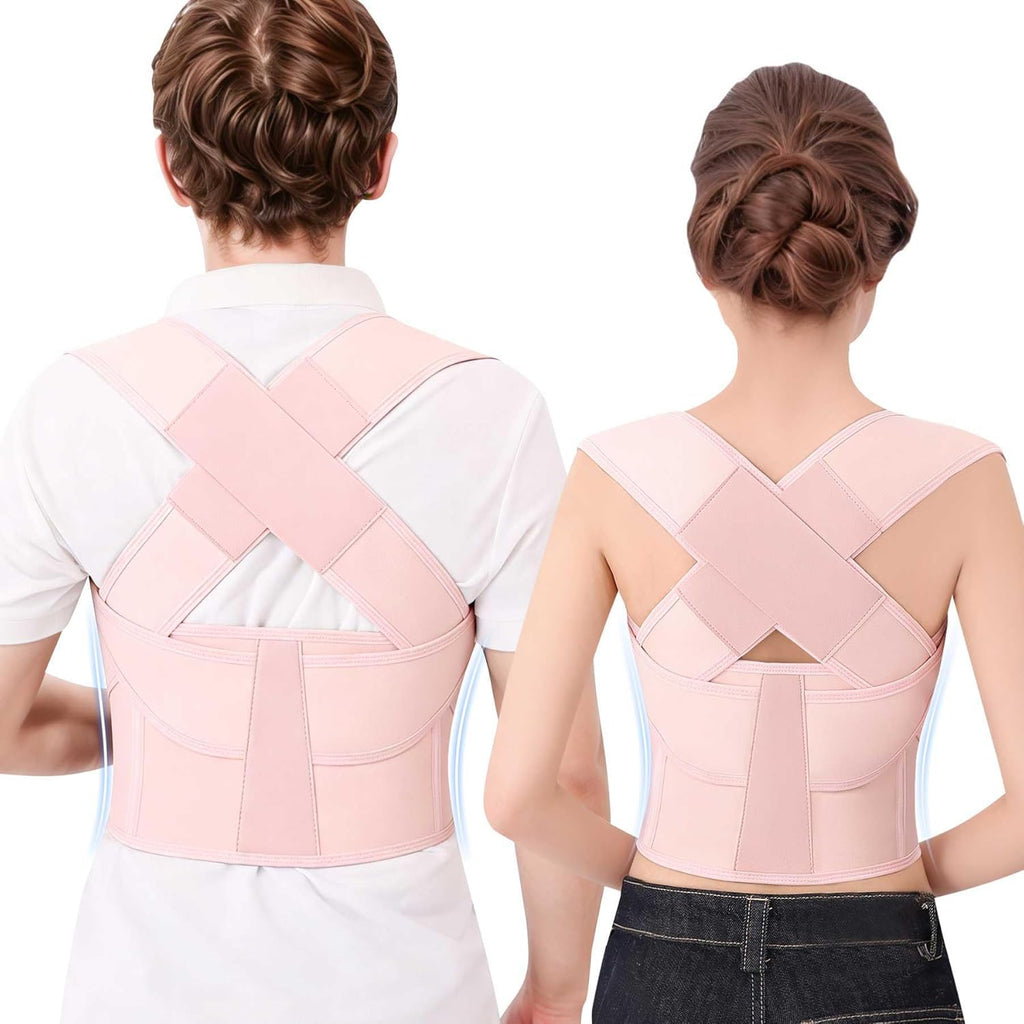 Skiennix Posture Corrector - Adjustable Full Back Support Brace for Men & Women | Hunchback Relief, Medium Pink