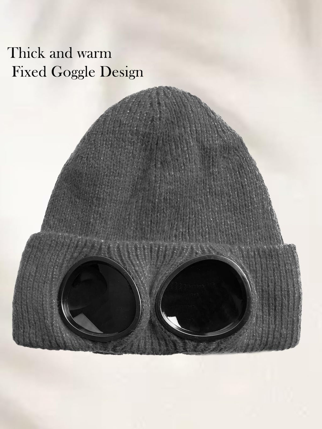 Vettres Unisex Winter Beanie with Fixed Goggles, Double-Layer Knit Hat with Soft Fleece Lining, Warm Windproof Skull Cap Dark Gray