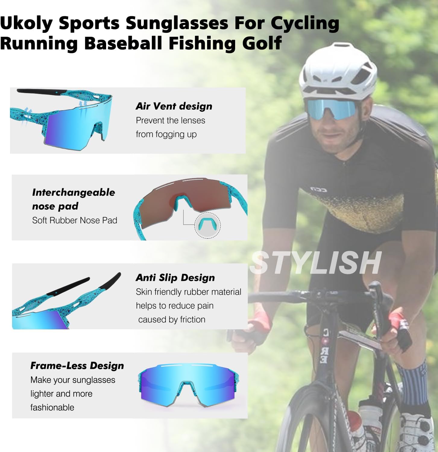 Ukoly Cycling Sunglasses - Polarized Sports Eyewear with 3 Interchangeable Lenses | Unisex Design