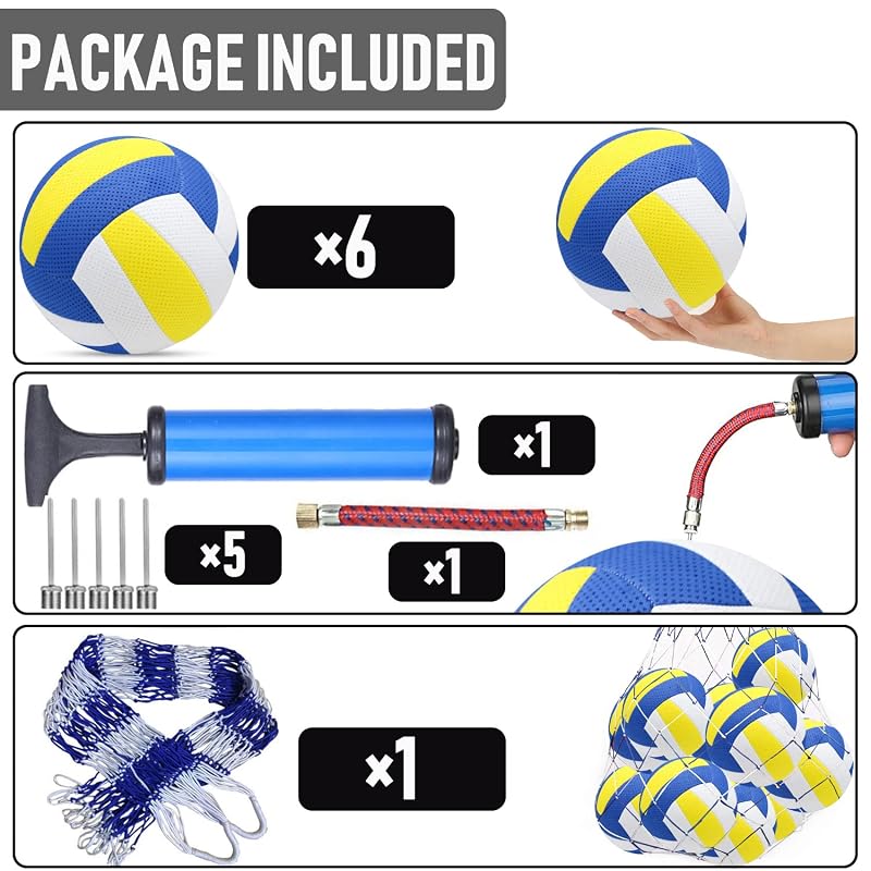 Volleyballs 6 Pack Official Size 5 with Pump & Net Bag - Composite Leather Indoor/Outdoor